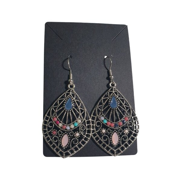 Bohemian Filigree Teardrop Earrings Multicolor Gemstones Beach Core Vacation - Picture 3 of 6